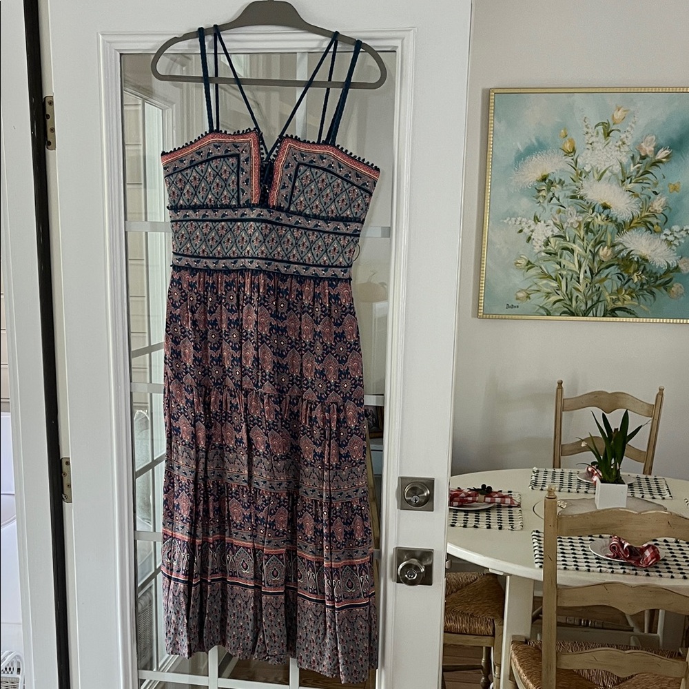 Sea Blue and Pink Patterned Maxi Dress